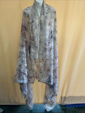 Unique Vintage Sheer Floral Scarf Wrap in Light Gray and Silver